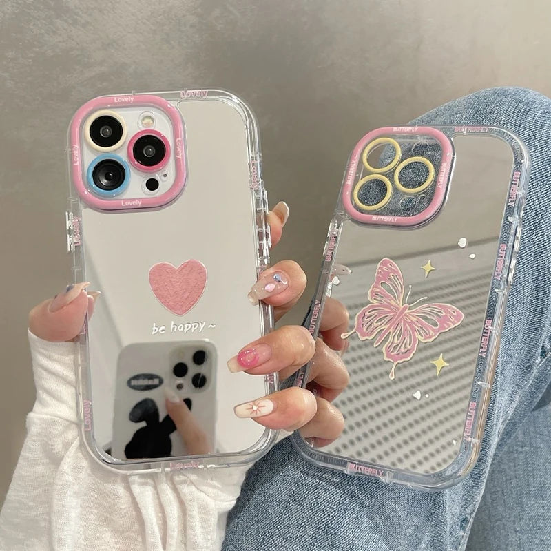 Lovely Love Butterfly Makeup Mirror Case For iPhone 17 Air 16 15 14 13 12 Pro Max 16 Plus Silicone Bumper Cute Back Covers Y2k