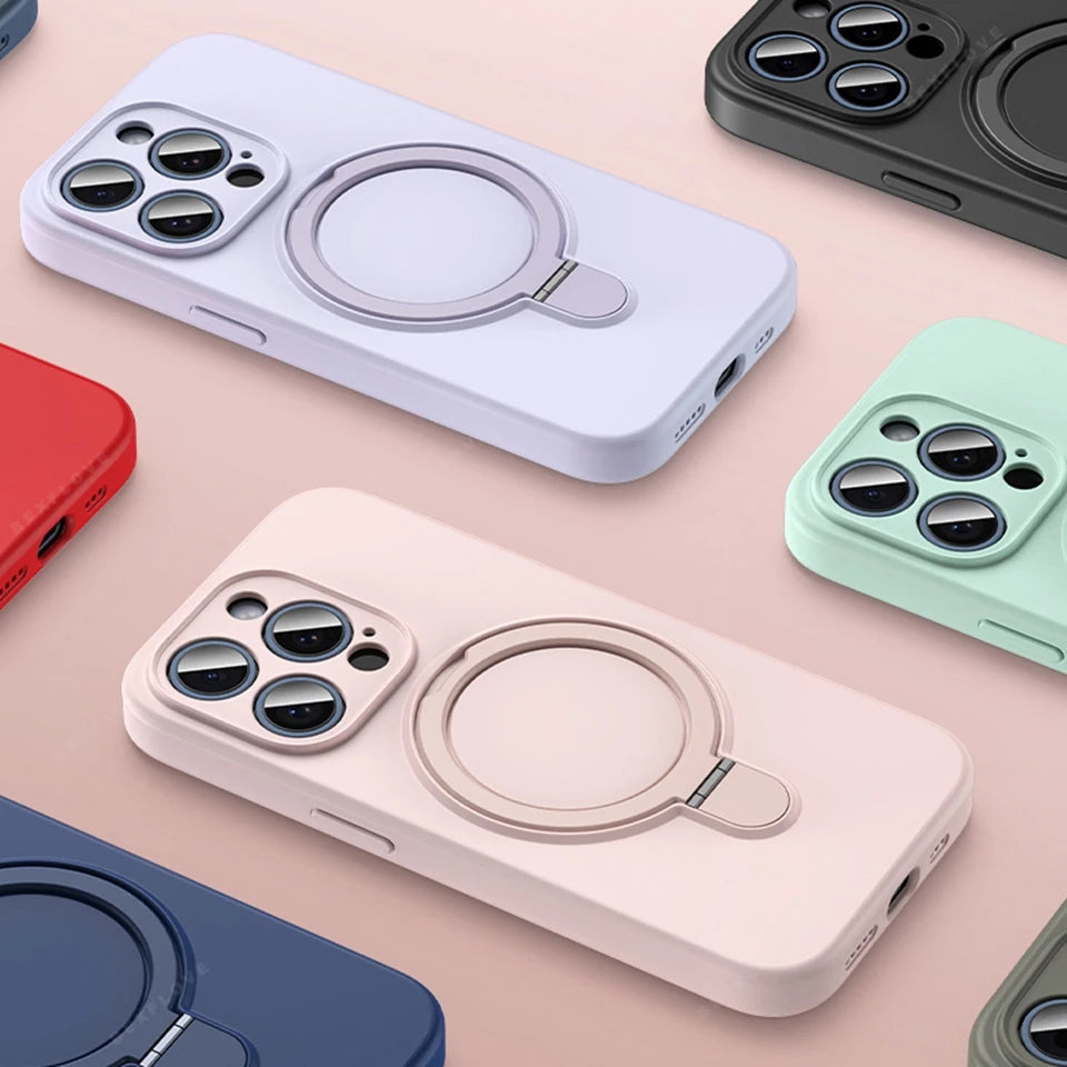 Magnetic Liduid Silicone Phone Case For iPhone 17 Air 14 15 16 Pro Max Magsafe Ring Holder Stand Shockproof Protector Cover