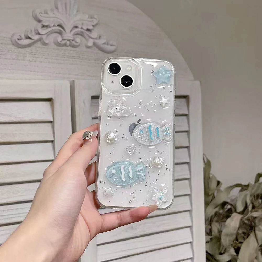 Cute 3D shell fish Phone Case For iPhone 17 16 15 14 13 12 11 Pro Max Silver foil Transparent Shockproof Soft Silicone Cover