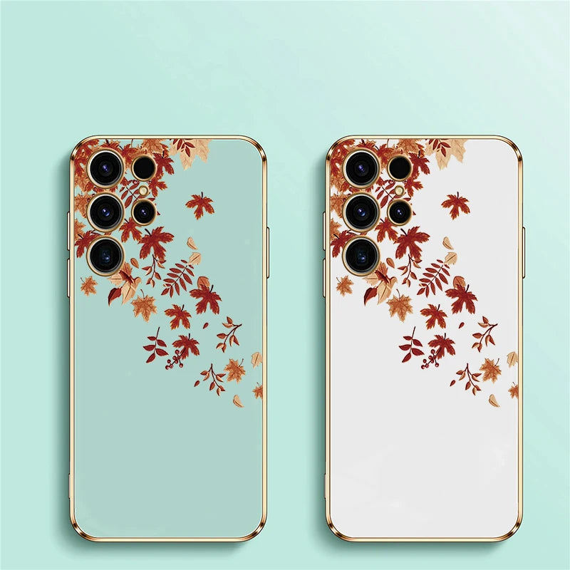 Case For Samsung Galaxy S25 S 25 Ultra S23 FE S24 S 24 5G S22 Plus S21 FE Luxury Silicone Plating Leaves Pattern Cover