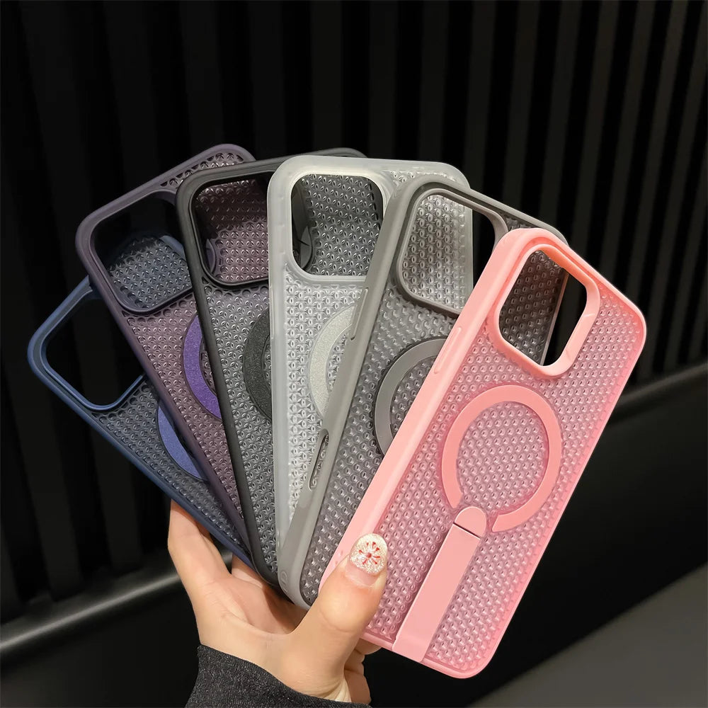 Heat Dissipation For Magsafe Magnetic Bracket Case For iPhone 17 Air 16 E 15 14 Plus 13 12 Pro Max 11 XR Breathable Stand Cover