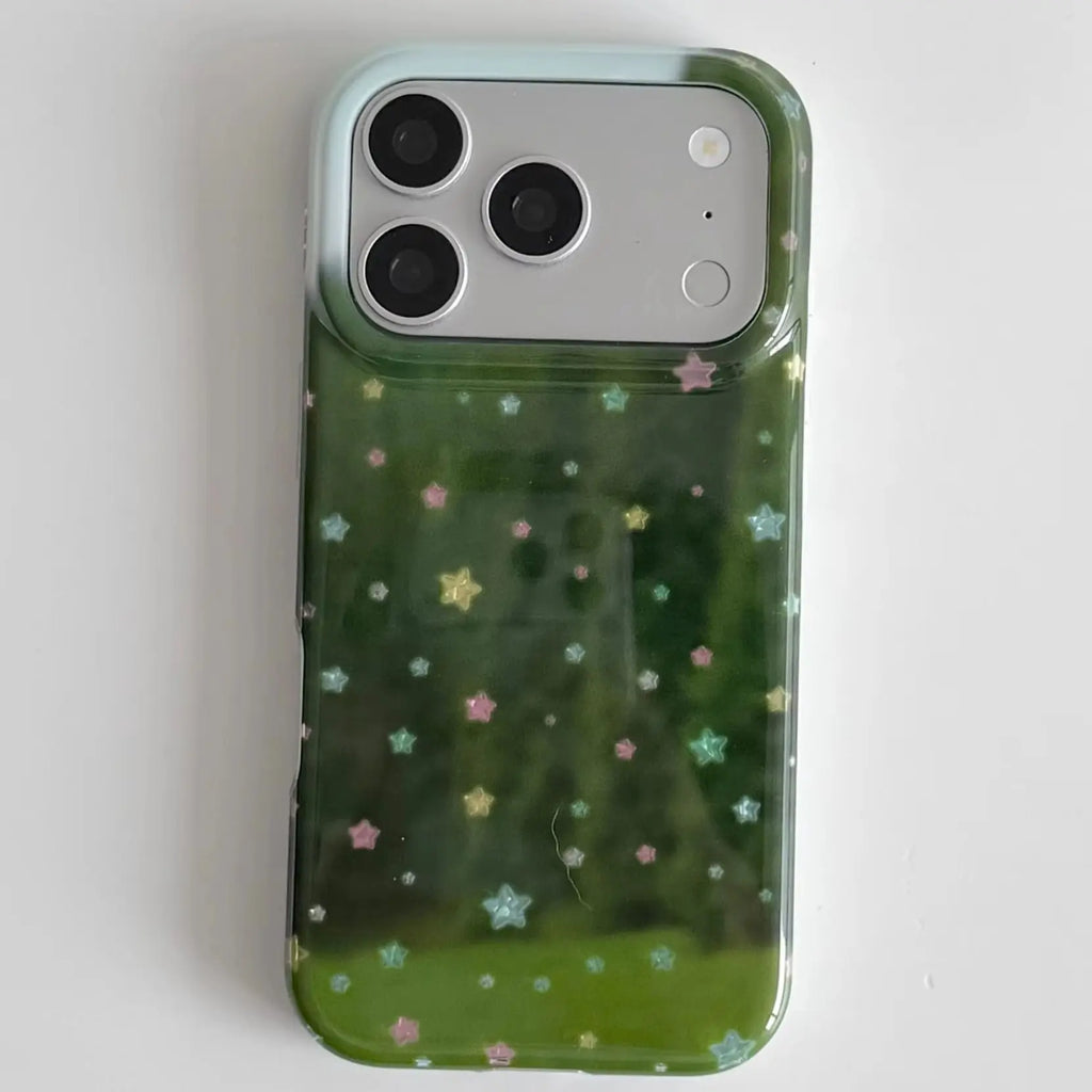 Green Background Colorful Stars Phone Case For iPhone 17 Air 16 15 14 13 12 11 Pro Max Plus Y2K Anti Fall Cover Ins Advanced