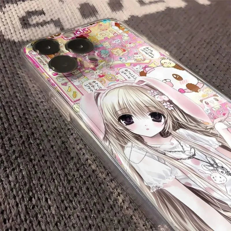 Kawaii Chibi Bunny Girl Rabbit Clear Phone Case for iPhone 17 16 15 14 13 12 11 16E Series Pro Max Plus Double Layer Protection