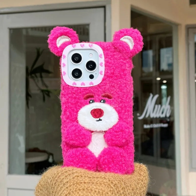Korea Kawaii Aesthetic Lotso Strawberry Bear Plush Phone Case Fluffy Winter Warm Shockproof Cover for iPhone 16 15 14 13 Pro Max