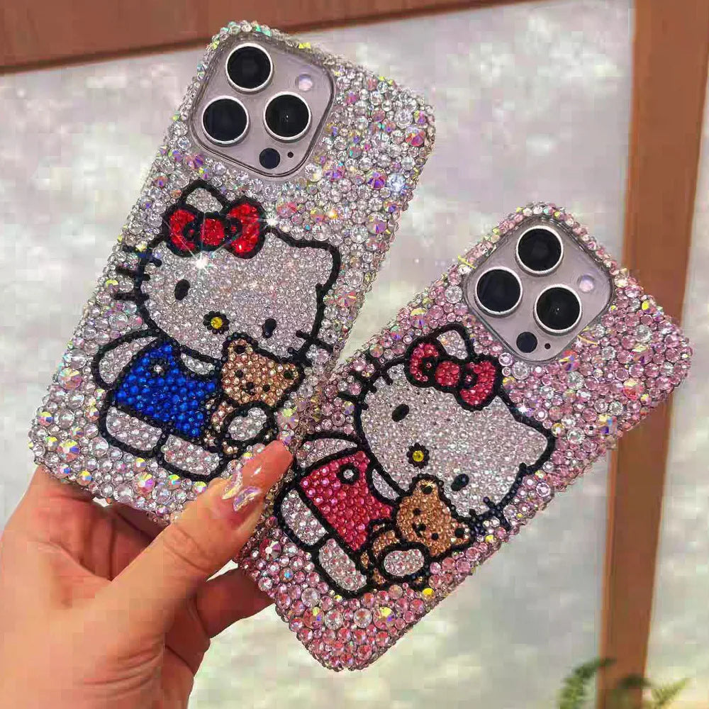Kawaii Hello Kitty Rhinestone Bling Crystal Phone Case Chain For Iphone 7 8 17 16 15 14 13 12 11Pro Max Plus Shockproof Cover