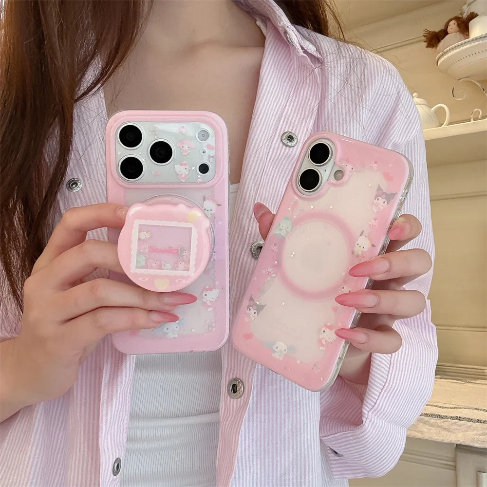 Kawaii Kuromi HelloKitty Magnetic Phone Case With Magsafe Shake Cartoon Stand  for iPhone 17 Pro 16 15 16 Max 15 Pro Max Cover