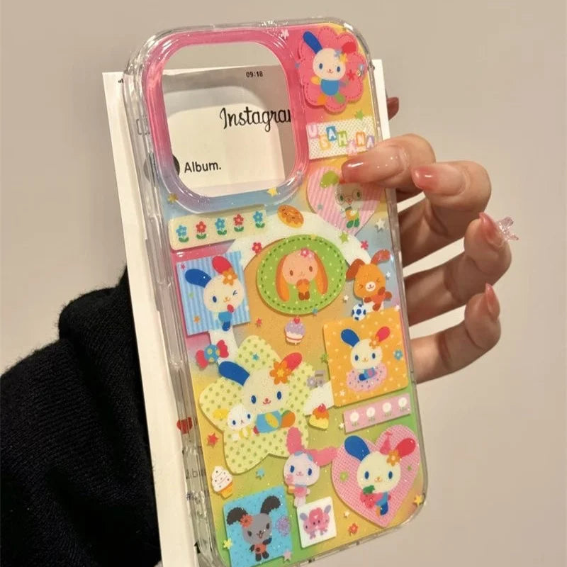 Magnetic color splicing color ear rabbit phone case with rotating magnetic bracket for iPhone 11 12 13 14 15 16 17 pro max