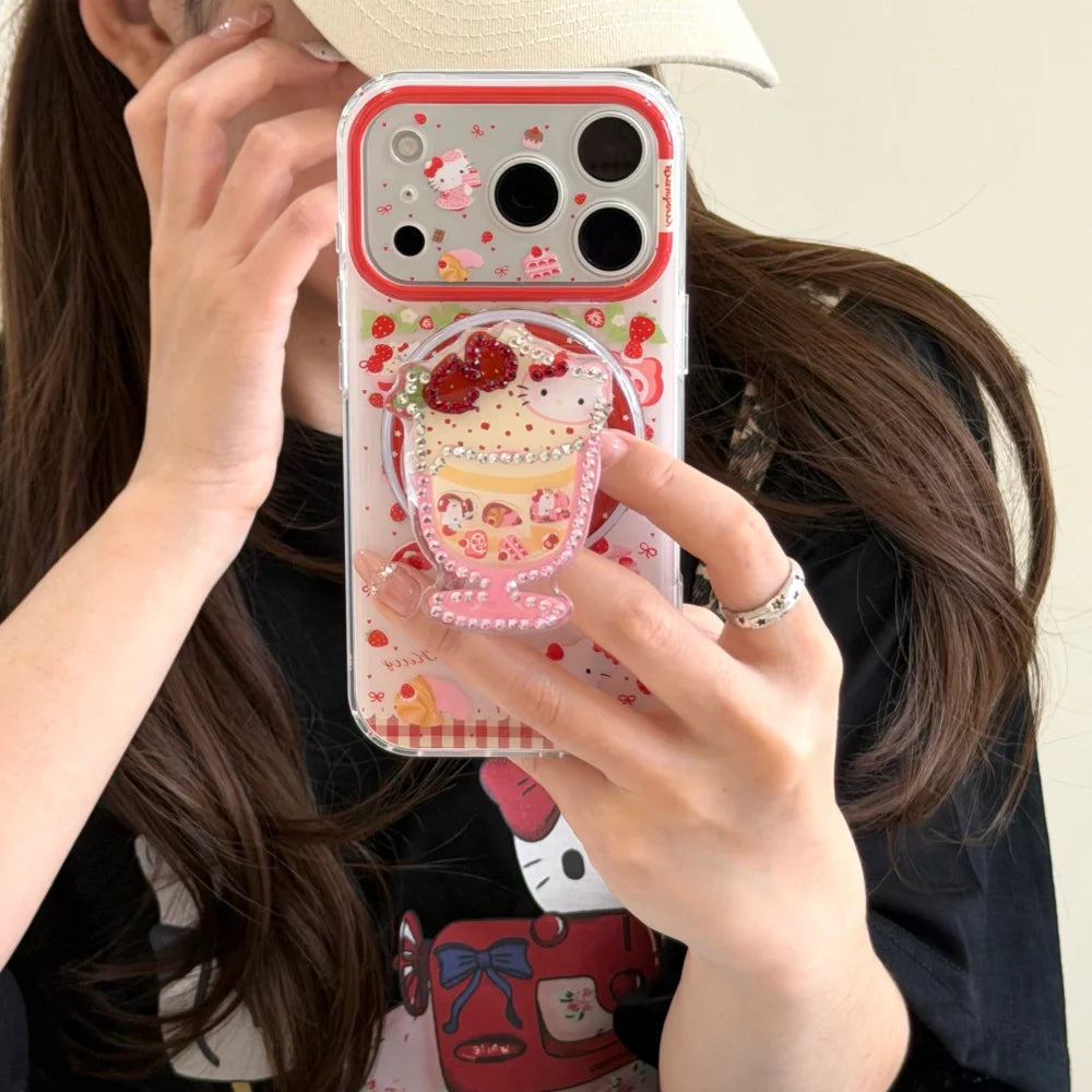 Cute Double Layer Magnetic Cake KT Phone Case for iPhone 17 Pro Max 16 Pro 15 14 13 Pro Max Luxury Shockproof Protective Cover