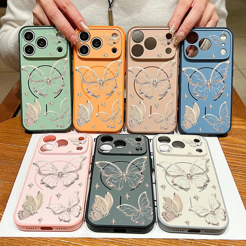 Gold Butterfly Pattern Magnetic Phone Case For iPhone 17 Pro Max 16 15 14 13 Pro Max For Magsafe Wireless Charge Hard PC Cover