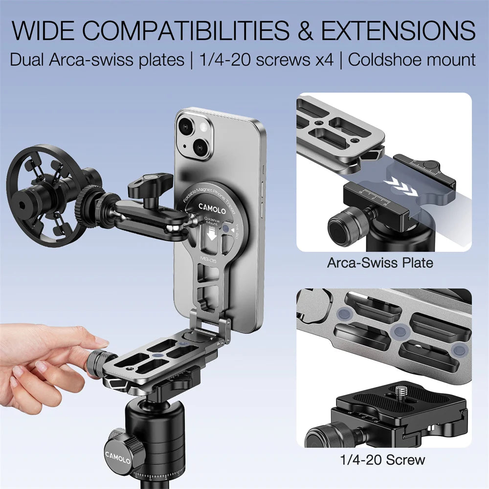 Foldable Magnetic Selfie Stick Tripod w Arca Plate 1/4-20 Cold Shoe Desktop Phone Tripod Mount for Magsafe Iphone 15 14 Samsung