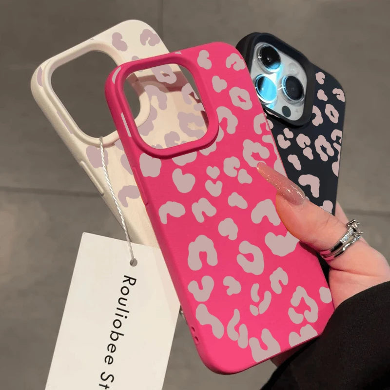 For IPhone 17 16 15 14 13 12 11 Pro Max Case Pink Leopard Print Lichee Pattern Silicone Cover for IPhone XS X XR 16 Plus Fundas