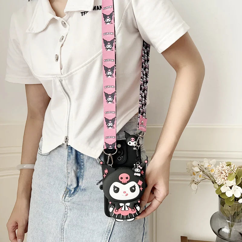 Sanrio Cartoon Kuromi Crossbody Strap Coin Wallet Case For iPhone 17 16 15 14 13 12 11 Pro Max Mini 6 7 8 Plus X XS Max SE Cvoer