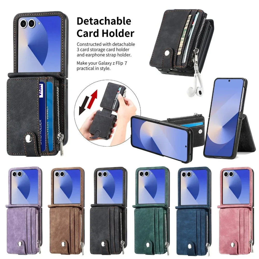 2 in 1 Detachable Leather Wallet Cover For Samsung Galaxy Z Flip 7 fe 6 5 4 3 Flip7 Flip6 Flip5 5G Phone Case with Card Holder