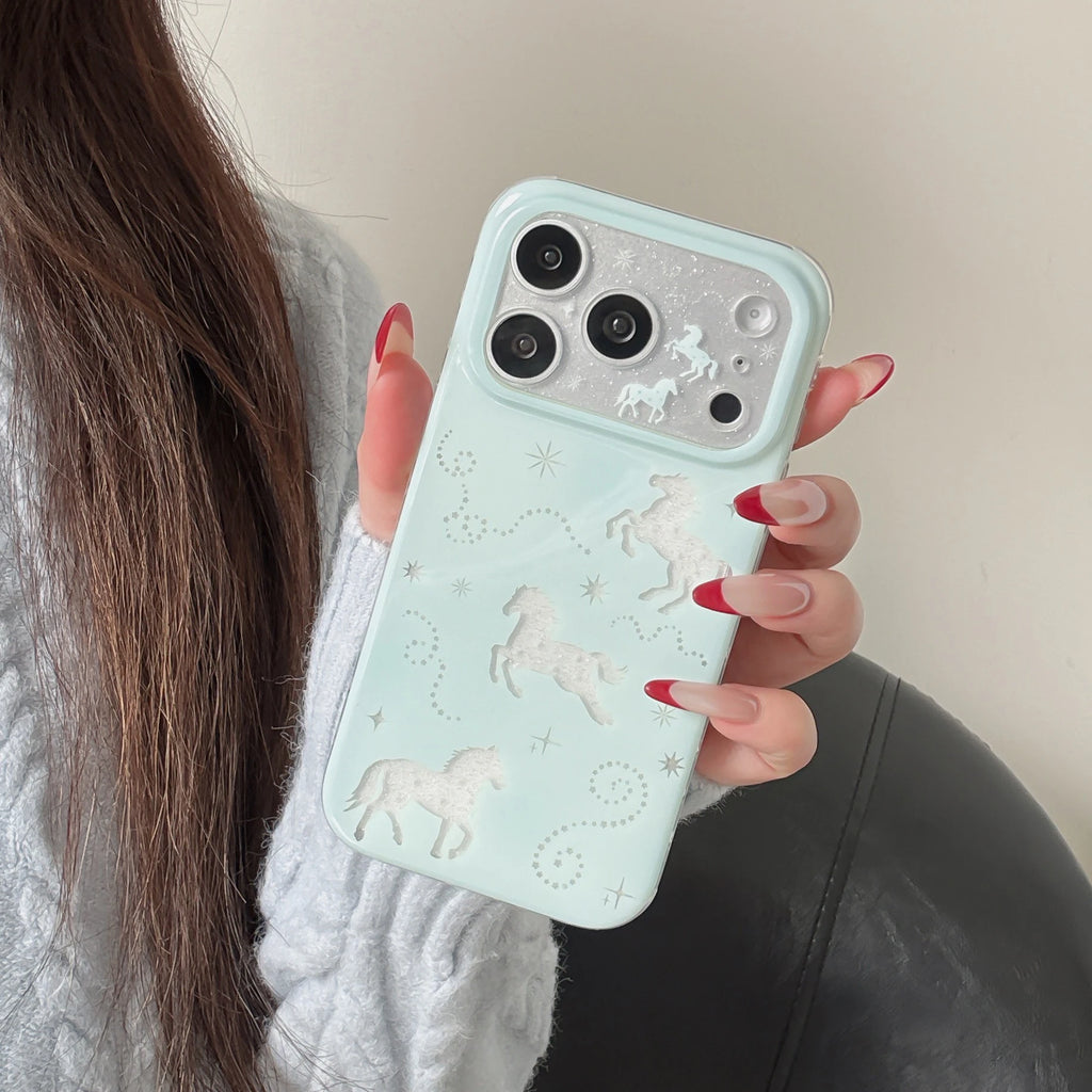 Glittery Mint Shimmering White Pony & Star Print Shockproof Phone Case for iPhone 17 16 15 14 11 12 13 Pro Max Plus Back Cover