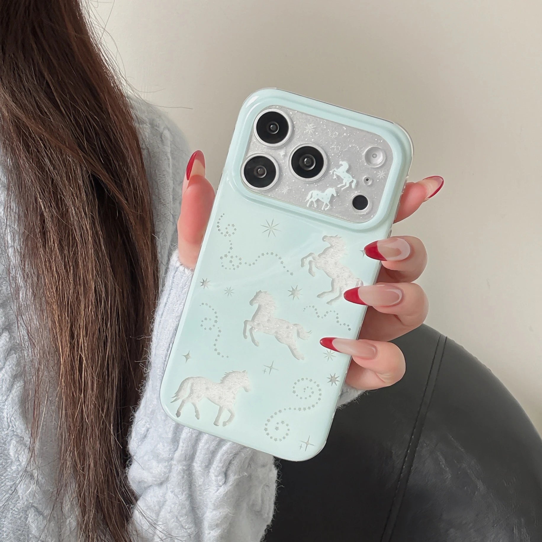 Glittery Mint Shimmering White Pony & Star Print Shockproof Phone Case for iPhone 17 16 15 14 11 12 13 Pro Max Plus Back Cover