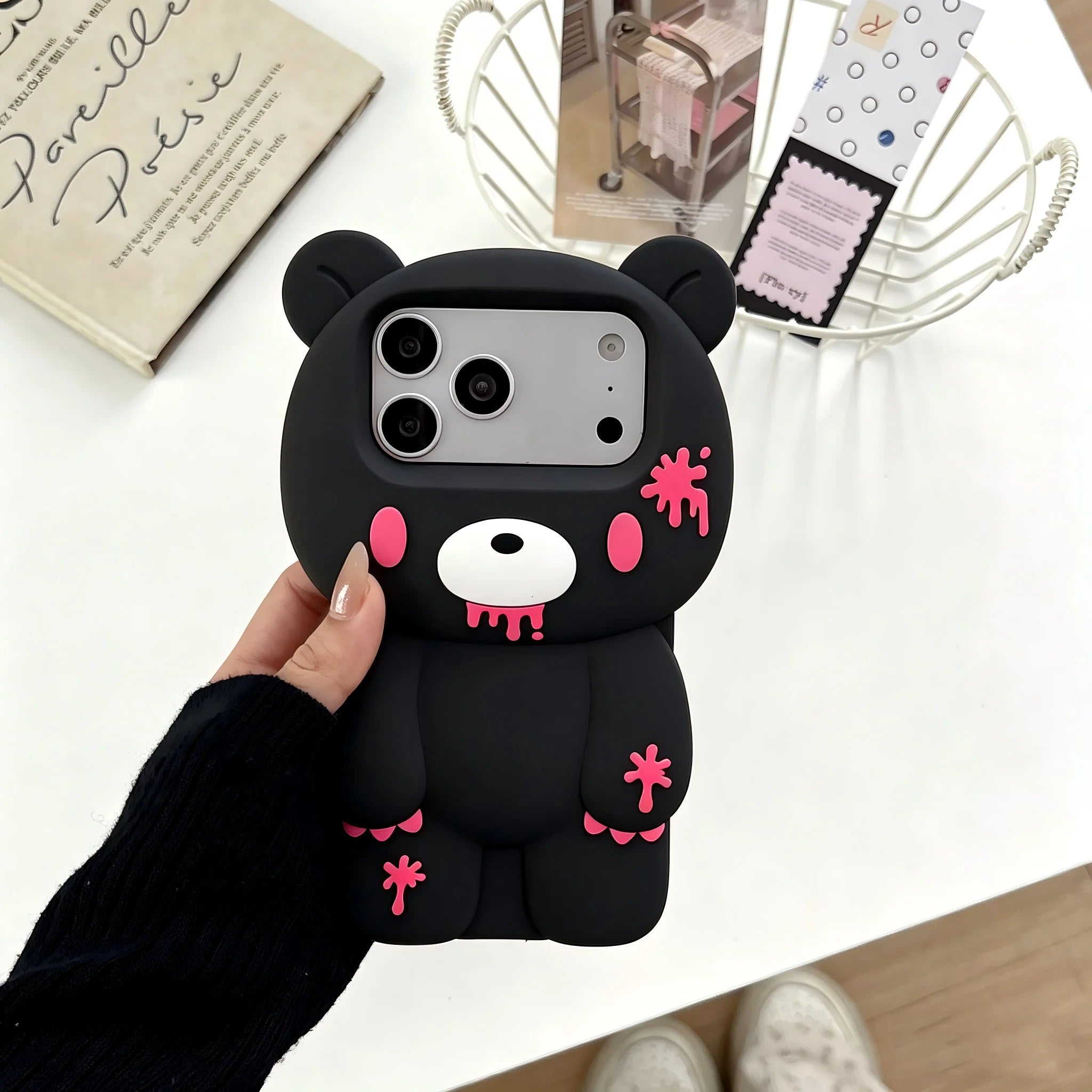 3D Cartoon Cute Blue Unique Bloody Design Bear For iPhone 16 Plus 17 Pro Max 15 14 13 12 Pro Max Phone Case Soft Silicone Cover