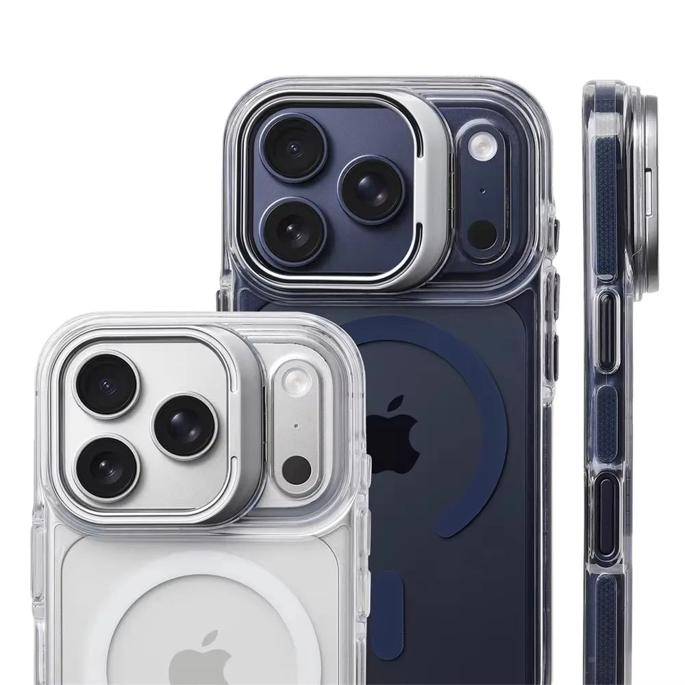 Luxury Magnetic Shockproof Clear Bumper Case for iPhone 17 Pro Max Air 16 15 14 13 12 Plus For Magsafe Lens Protect Stand Cover