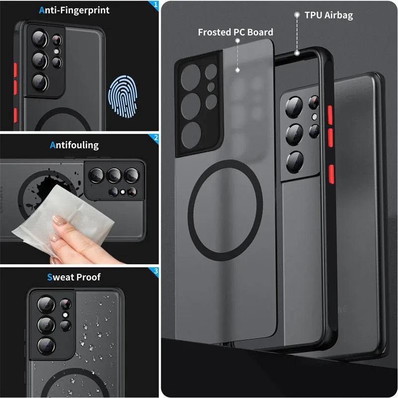 Luxury Magsafe Wireless Charge Case For Samsung Galaxy S20 S21 S22 S23 S24 FE S25 Plus Ultra Shockproof Matte Clear Back Cover
