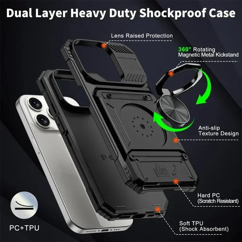 Case For iPhone 17Air 16E 11 12 13 14 15 16 17 Pro Max Magnetic Rotated Ring Kickstand Heavy Duty Drop Protection Wallet Cover
