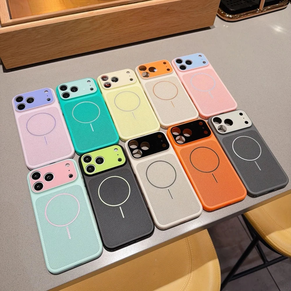 Breathable Mesh Cooling Magnetic For Magsafe Case For iPhone 17 16 14 13 15 Pro Max 17 Air Contrast Colour Lens Protection Cover