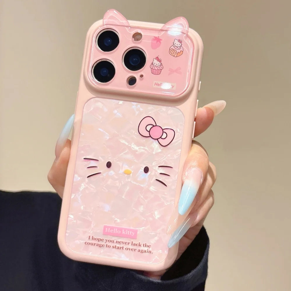 Sanrio HelloKitty Lines Expression Phone Case For iPhone 17 16 15 Pro Max Cartoon 3D Strawberry KT Cat Ear Lens Protection Cover