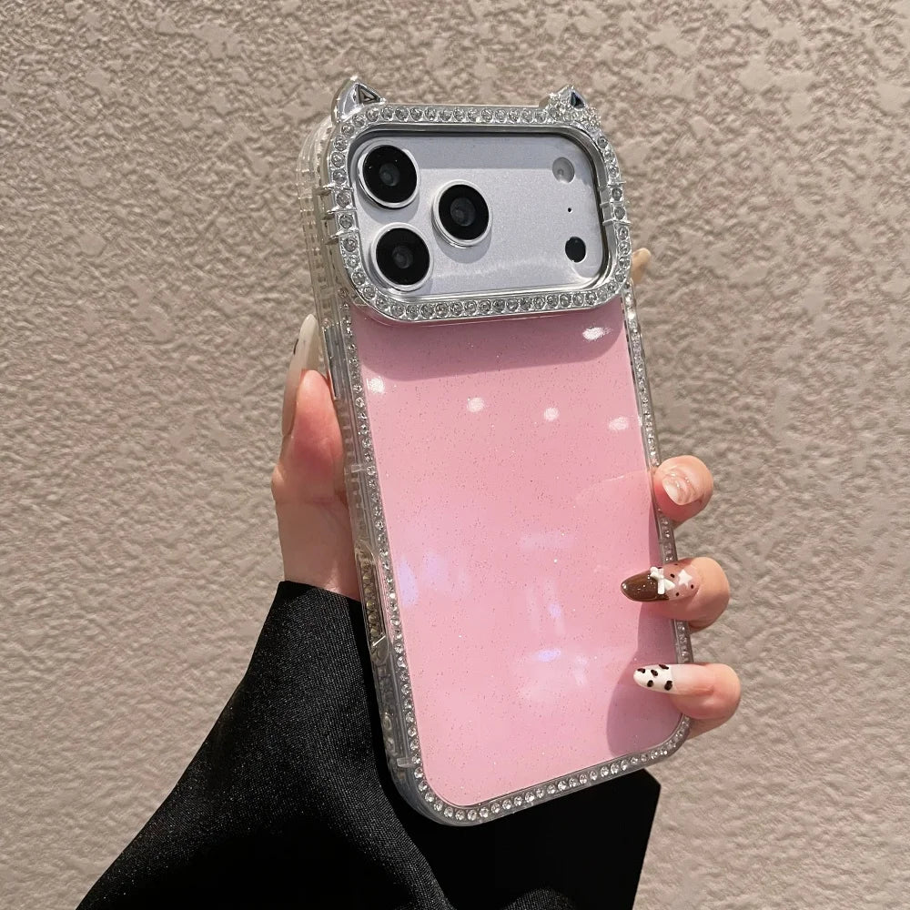 Cute Cartoon Cat Ear Glitter Diamond Case for iPhone 17 16 15 Pro Max 14 Plus 11 12 13 Plating Bling Shockproof Ins Back Cover