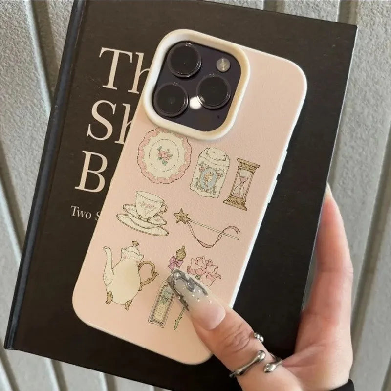 A Pink Teacup Collage Pattern Litchi-Textured Phone Case, Suitable for iPhone 17, 16, 15, Plus, Pro, Max Series Phones—Can Be Used as a Gift