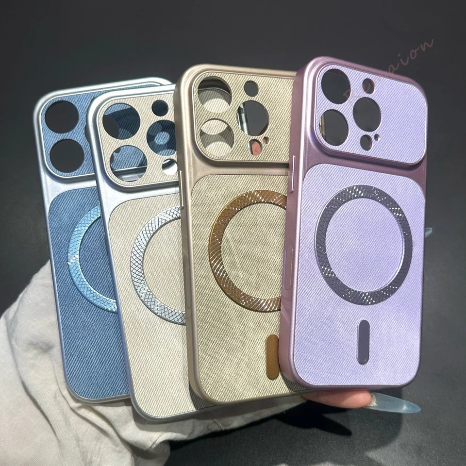 Big Windows Magnetic Phone Case For iPhone 13 14 15 16 17 Pro Max Magsafe Luxury Canvas Cloth Shockproof Protector Cover