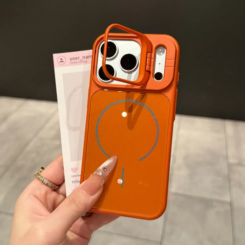 Luxury Glass Back Panel Camera Stand Holder For Magsafe Case For iPhone 17 Pro Max 11 12 14 13 15 16 Pro Shockproof Back Cover