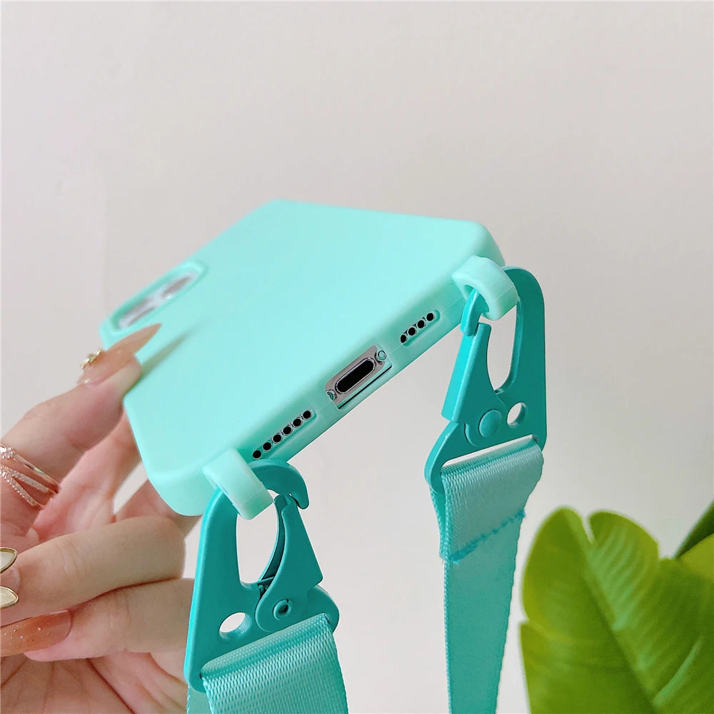 Crossbody Lanyard Matte Silicone Soft Case For iPhone 15 Pro Max 14 13 12 11 XR XS X 7 8 Plus Necklace Strap Shockproof Cover