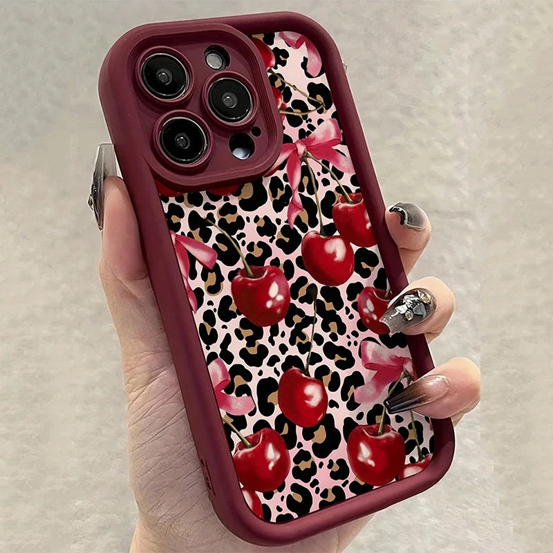 Butterfly Leopard Cherry Pattern Shockproof Silicone Phone Case For iPhone 17 16 Pro Max XS XR 7 8 14 15 Plus 13 12 11 16e Cover