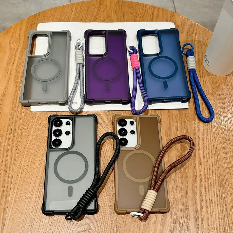 for Magsafe Airbag Protection Magnetic Case For Samsung Galaxy S23 S24 S25 S26 Ultra Plus Wrist Strap Lanyard Translucent Cover