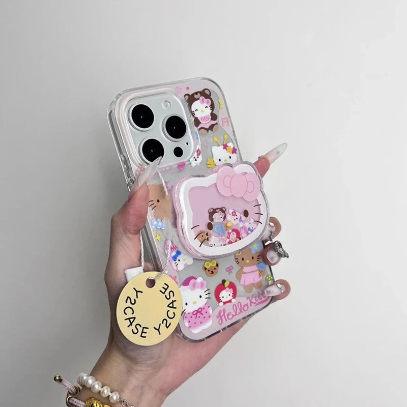 For iPhone 17 Pro 16E 16 13 12 mini 11 14 15 Pro Max Cute Hello Kitty Cartoon Shakeable Grip Tok Holder Transparent Phone Case
