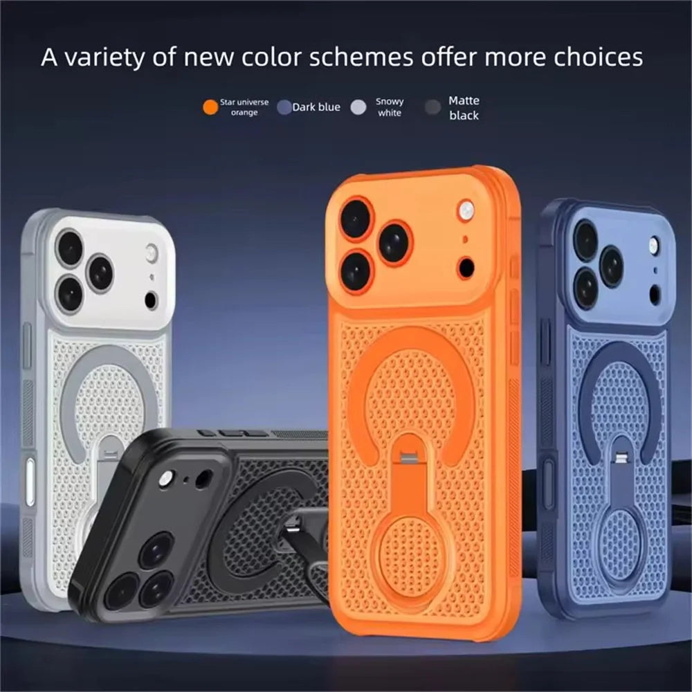 Heat Dissipation Magnetic Phone Case for iPhone 17 16 15 14 13 12 11 Pro Max 17 Air 16 Plus Ring Rotating Stand Shockproof Cover
