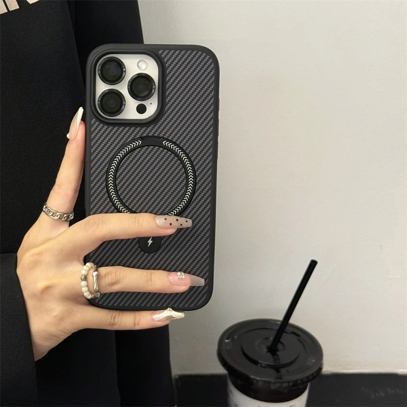 Carbon Fiber Metal Ring Stand Magnetic Case for Magsafe IPhone 15 14 13 12 11 16 Pro Max Plus with Lens Protector Mac Safe Cover
