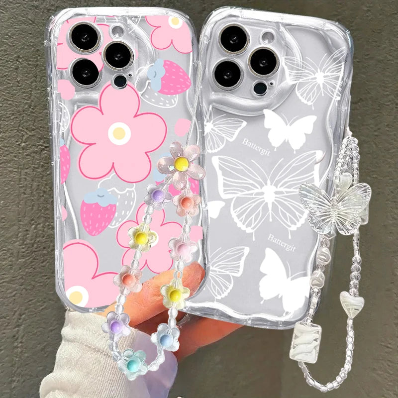 Butterfly Flower Wrist Strap Case For Samsung Galaxy S26 Ultra S25 FE Plus A57 A37 A17 A07 A06 A05 A04 A04E A12 A13 A32 A33 A23