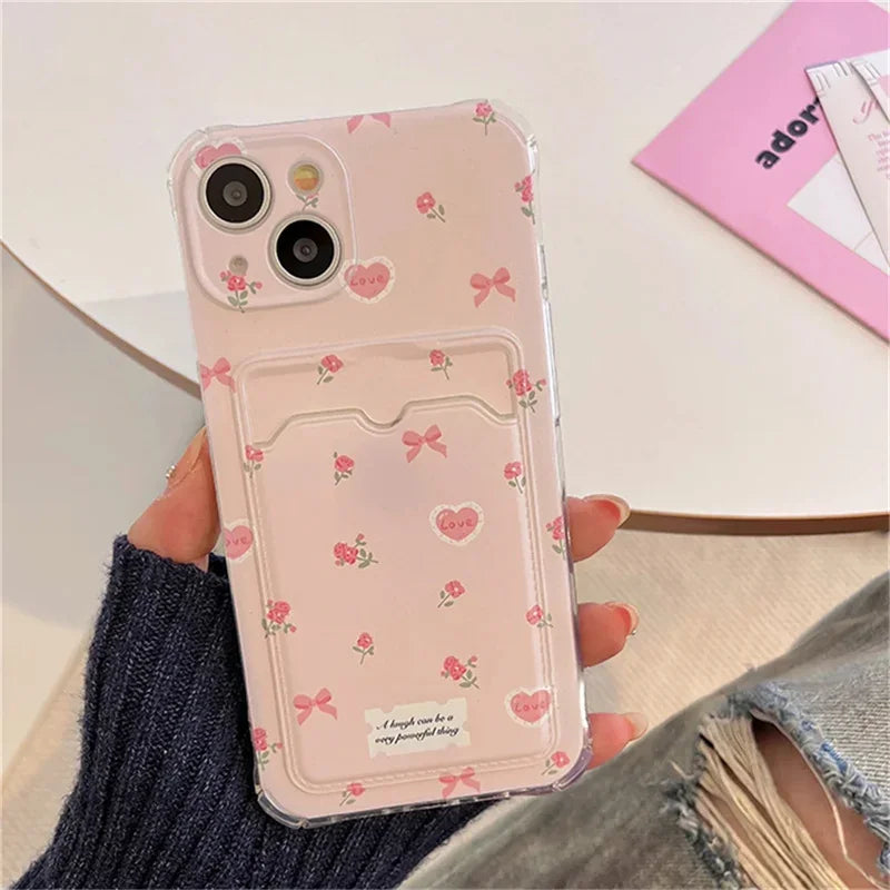 Case For iPhone 16E 16 Pro Max 15 14 Plus 13 11 ProMax XR XS X 8 7 6 6S SE 4 3 2 cover Flower Photo Card Holder Wallet