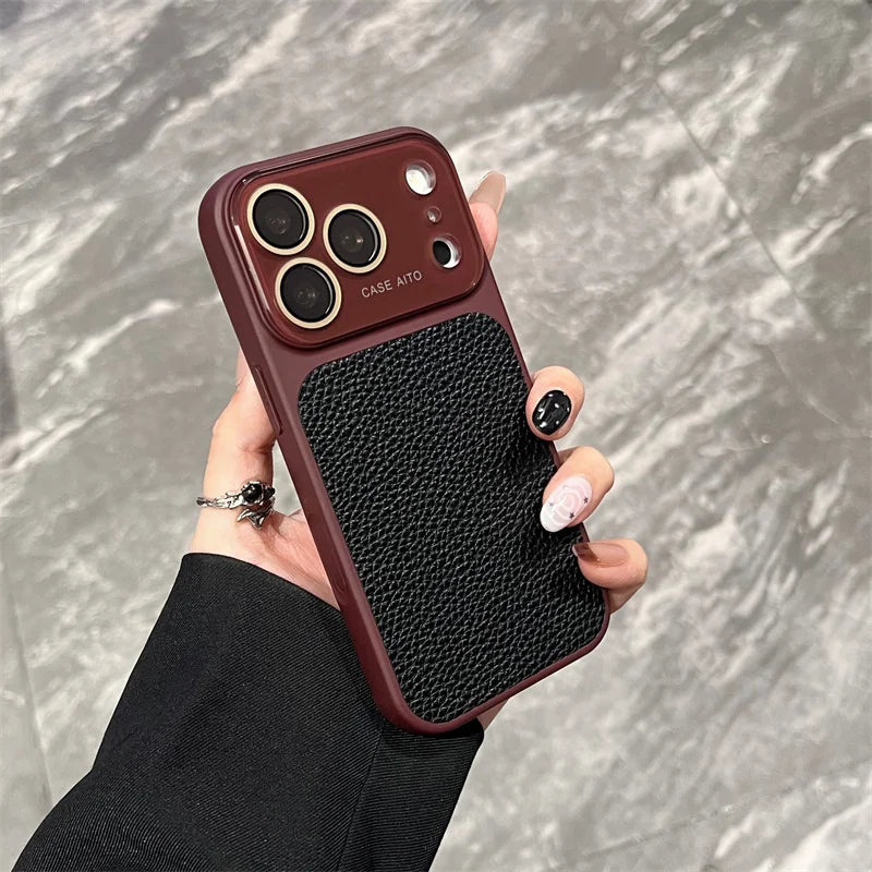 Luxury Lichee Pattern Leather Phone Case For iPhone 17 16 15 14 13 12 Pro Max Hard PC Camera Window Back Cover