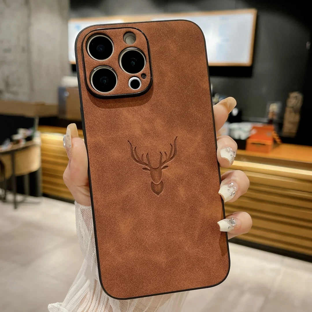 Retro Deer Pattern Leather Matte Shockproof Case For iPhone 16E 15 14 Plus 11 12 13 16 Pro Max XS XR Suede Bumper Silicone Cover