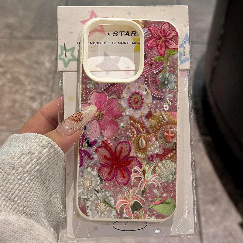 Floral Beaded Ocean Patchwork Phone Case for Samsung S26 S25 S24 S23 S22 S21 S20 Note20 Ultra Plus A73 A55 5G Silicone Cover