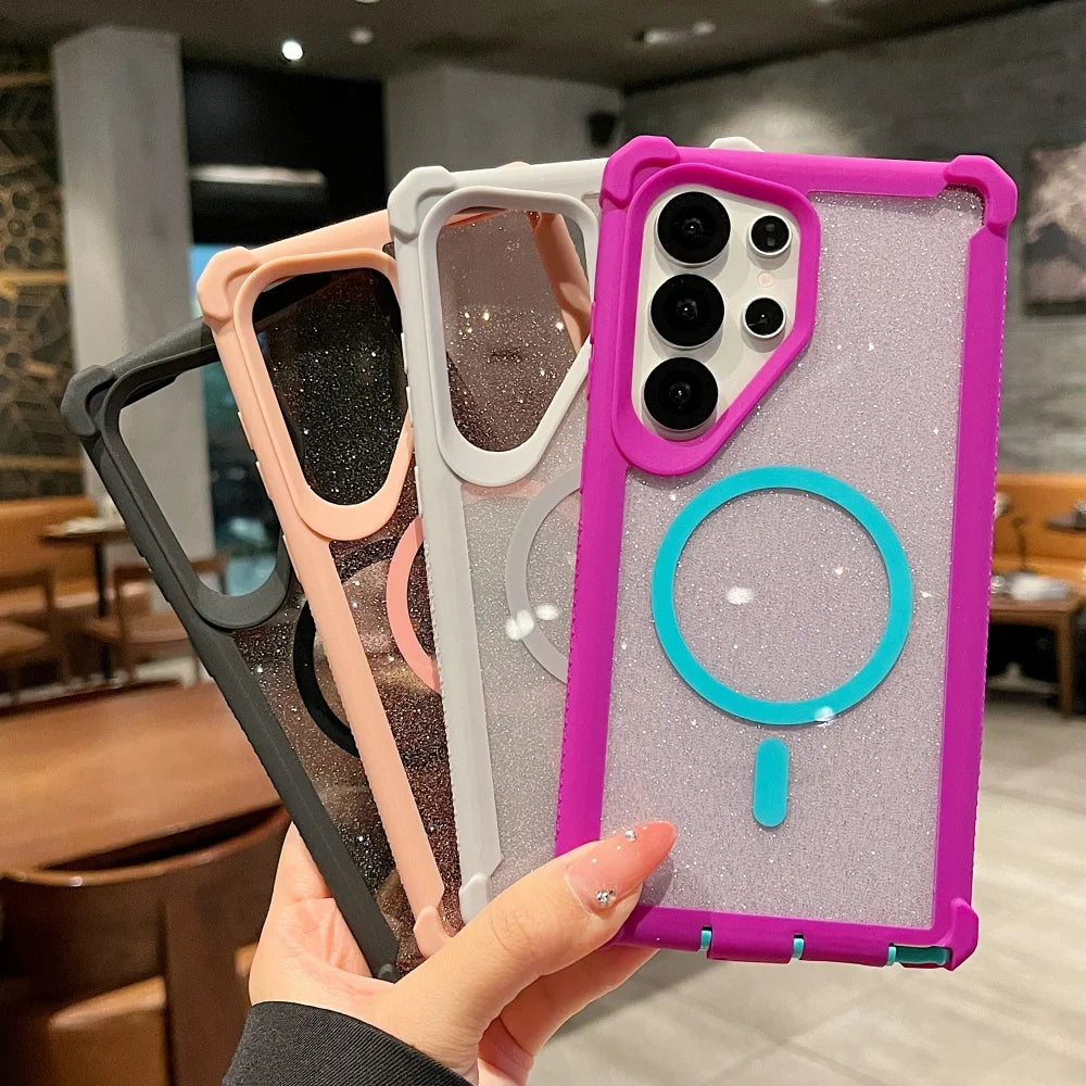 Stylish Glitter Magnetic Clear Case For Samsung Galaxy S26 S25 Ultra S26 Plus For Magsafe Soft Silicone Bumer Shockproof Cover