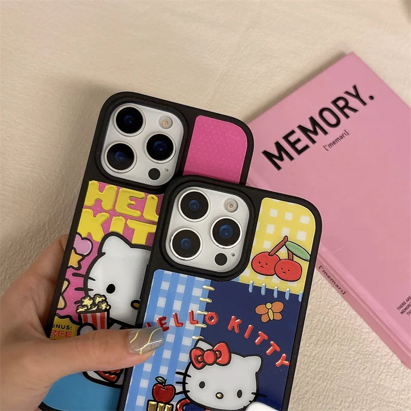 Hello Kitty Magnetic Case for iPhone 13 14 15 16 Pro Max with Popcorn & Bicycle Design, Metallic Glitter Shockproof Phone Cover