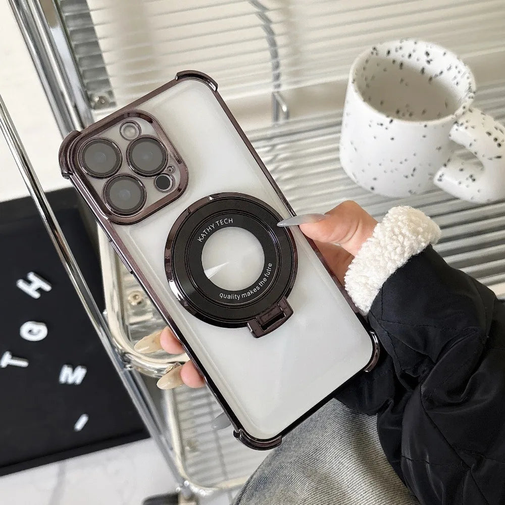 Fashion Plating Kickstand Case for iPhone 17 16 15 14 13 12 11 Pro Max With Holder Stand Shockproof Bracket Cover for Magsafe
