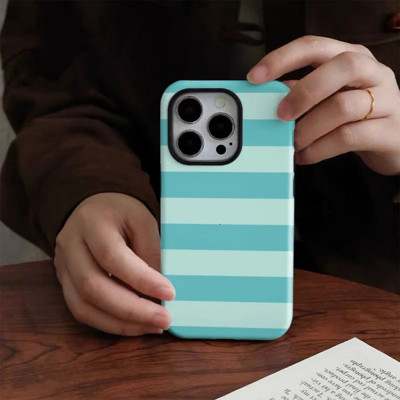Fresh - green stripes Phone Case for iPhone16ProMax 15 14 14 12mini 7Plus XR 2in1 tough glossy case