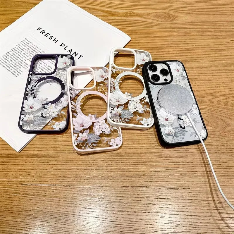 Fashion Flower Wireless Charging Phone Case For iPhone 17 16 15 14 13 12 11 Pro Xs Max Plus Air Mini XR X 17e 16e Magsafe Cover