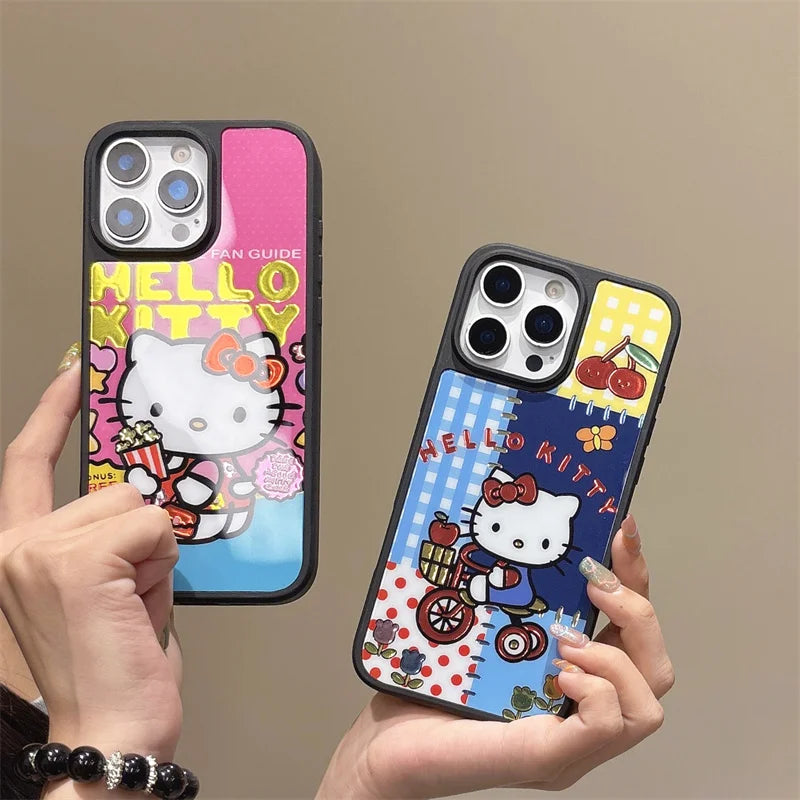 Hello Kitty Magnetic Case for iPhone 13 14 15 16 Pro Max with Popcorn & Bicycle Design, Metallic Glitter Shockproof Phone Cover