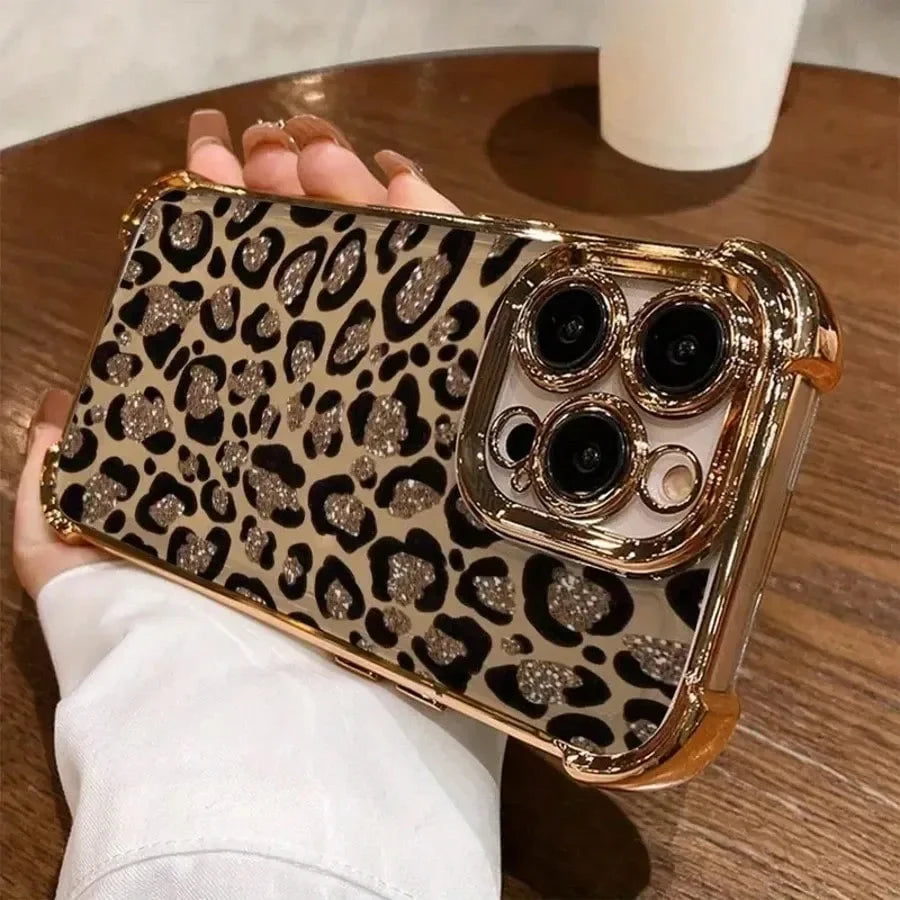 Glitter Leopard Print Four Corner Anti Fall Case for iPhone 17 Air 16 E 15 14 Plus 13 12 Mini 11 Pro Max Acrylic Sheet Cover