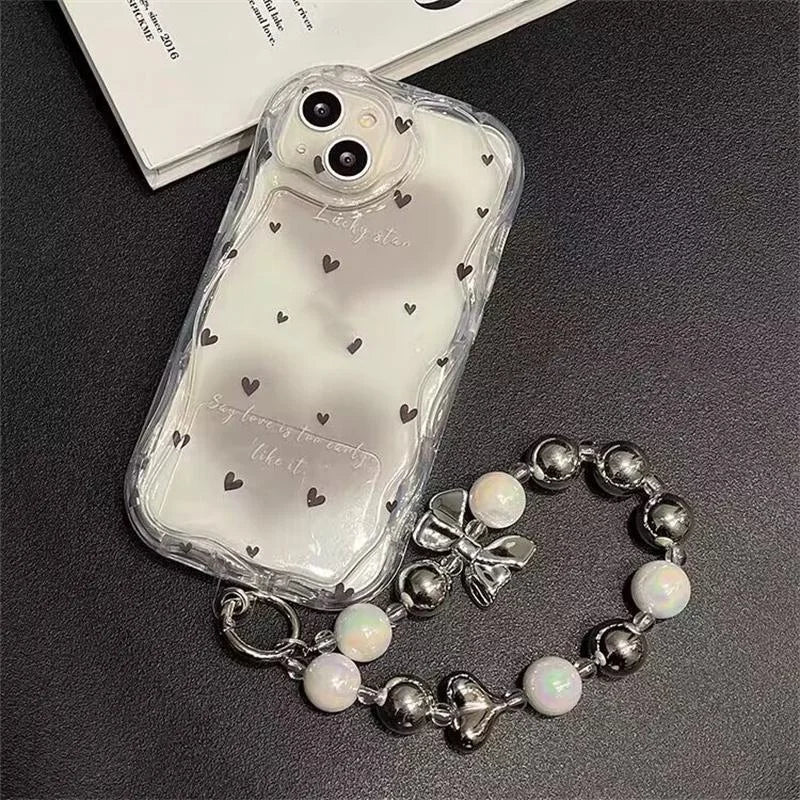 Love Heart Phone Case For IPhone 17 Air 16 15 12 11 Pro Max Plus 13 Mini 16E IPhone17 Silicone Wavy Edge Cover With Hang Strap
