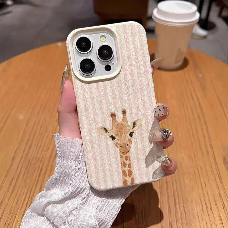 Cute Pink Striped Giraffe Pattern Phone Case For iPhone 17 16 Pro Max 15 14 Plus 13 12 11 Pro Max 17 Air 16E X XR XS Soft Cover
