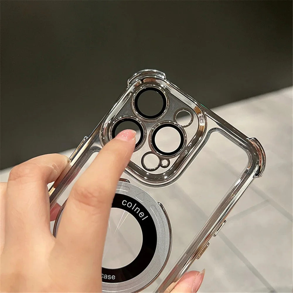 Luxury Plating Shockproof Magnetic Bracket For Magsafe Clear Case For iPhone 17 16 15 14 13 12 Pro Max With Holder Stand Cover